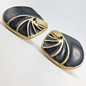 Vintage Trifari Black Enamel 1980s Art Deco Earrings Pierced Stud Gold Tone